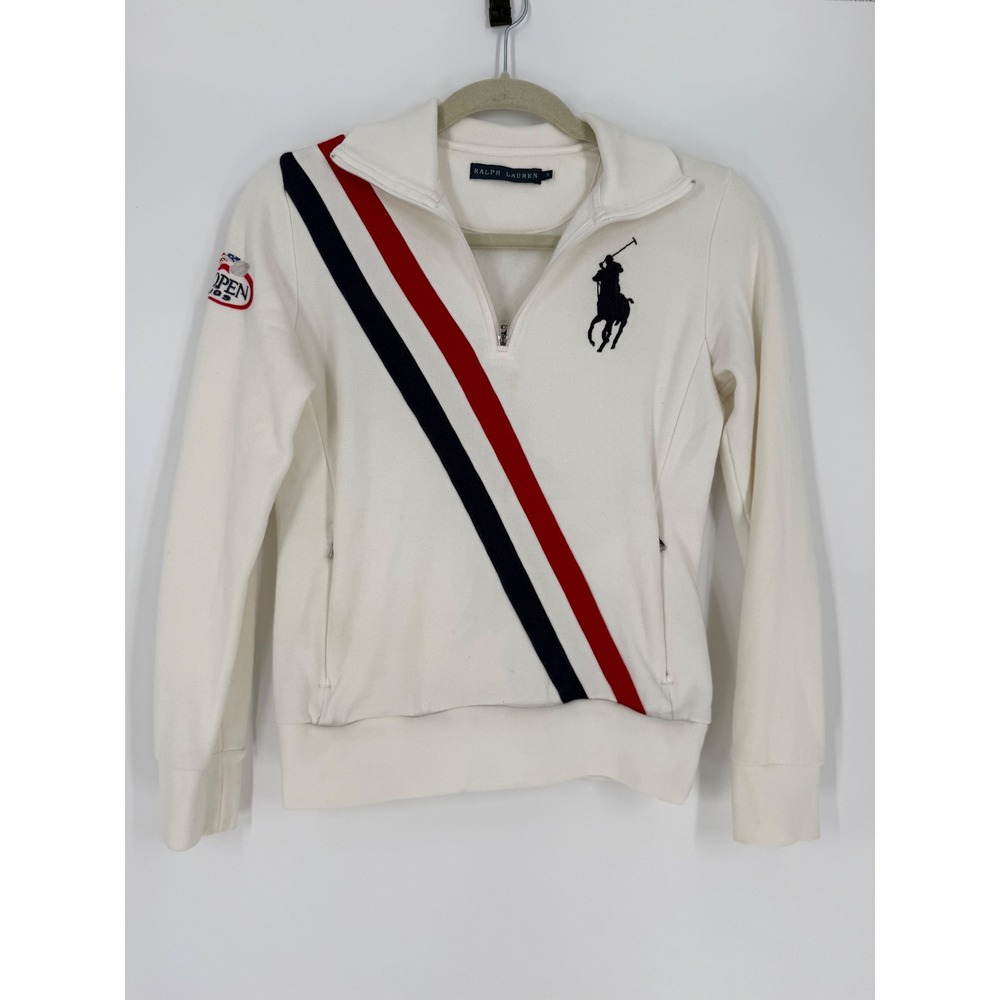 VTG Polo Ralph Lauren US Open 2009 Track 1/4 Zip Sweatshirt White Big Pony READ